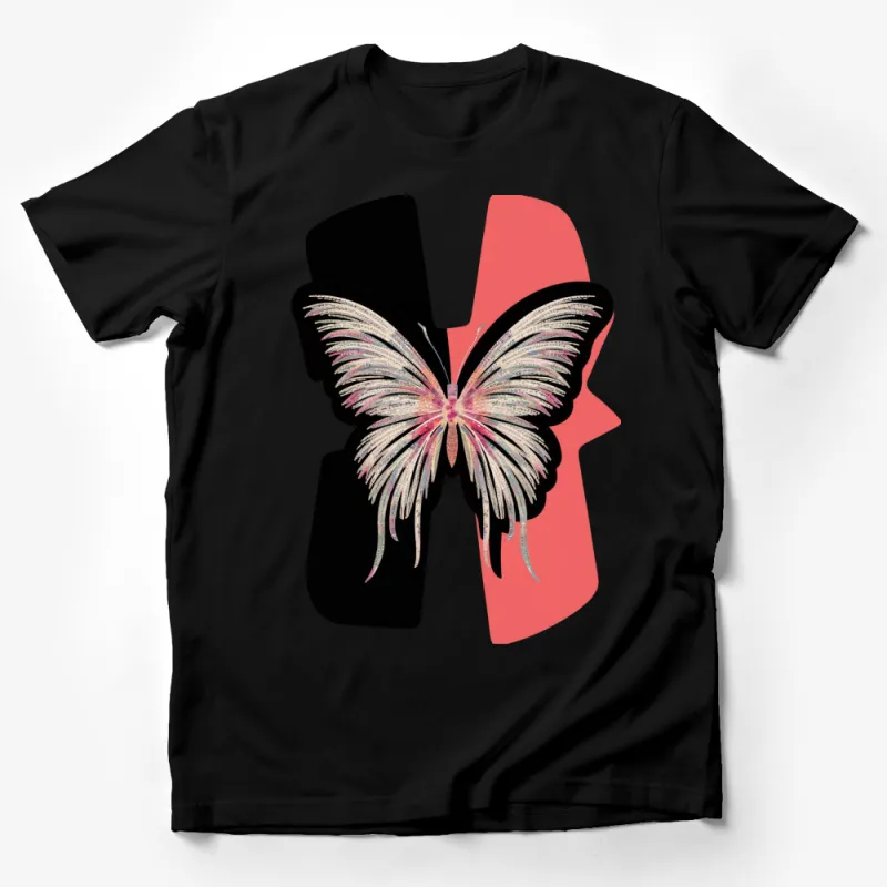 Abstract Butterfly Graphic T-Shirt, Artistic Pink and Black Tee, Unique Nature Inspired Fashion Top Male T-Shirt