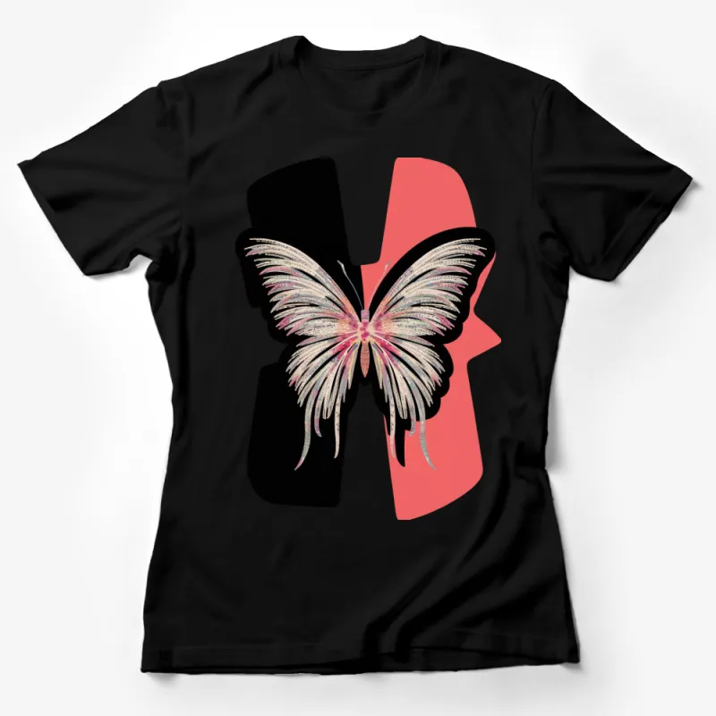 Abstract Butterfly Graphic T-Shirt, Artistic Pink and Black Tee, Unique Nature Inspired Fashion Top Female T-Shirt