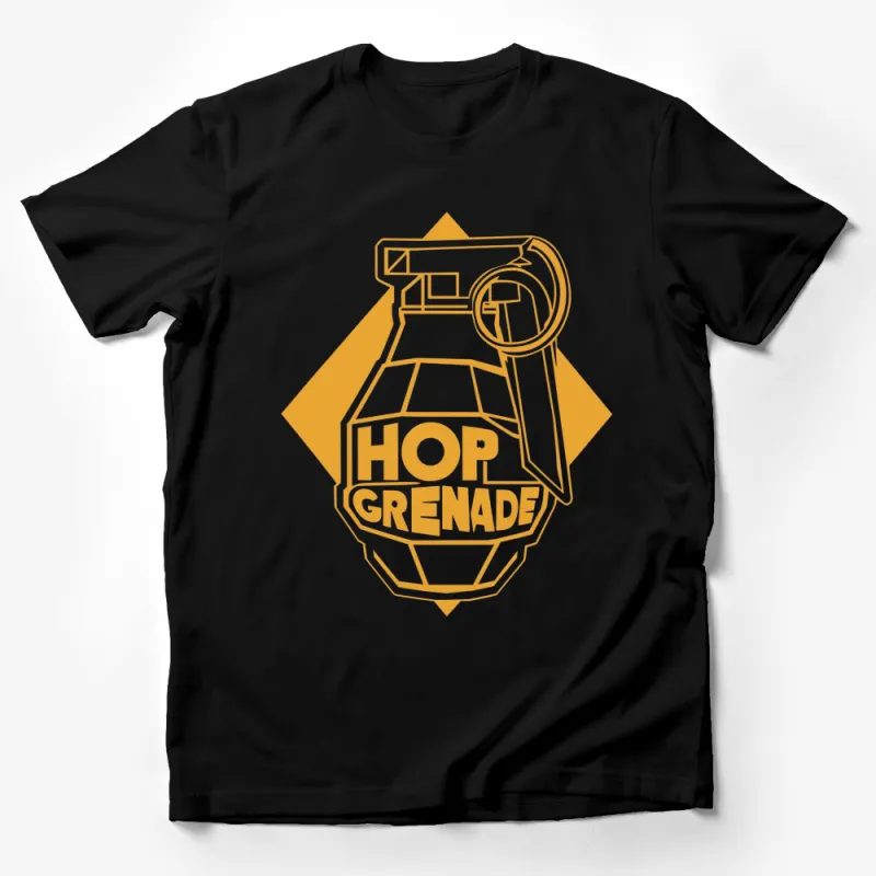 Hop Grenade Graphic T-Shirt, Bold Yellow and White Design, Casual Wear for Beer Lovers Male T-Shirt