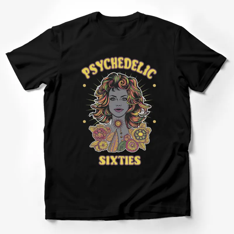 Psychedelic Sixties Inspired T-Shirt, Vintage Style Woman Portrait, Floral Colorful Graphic Tee Male T-Shirt