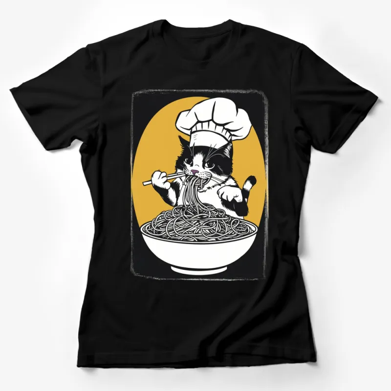 Chef Cat T-Shirt, Funny Cooking Cat Eating Spaghetti, Animal Lover Gift, Kitten Graphic Tee, Unisex Clothing Female T-Shirt