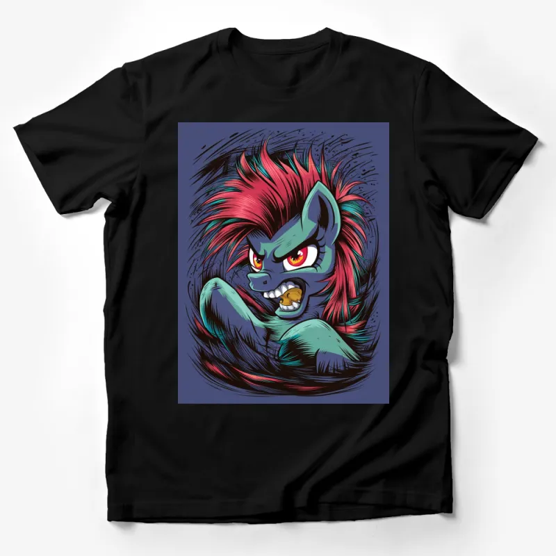 Colorful Werewolf Cartoon Graphic T-Shirt, Bright Blue and Red Monster Tee, Unisex Fantasy Apparel Male T-Shirt