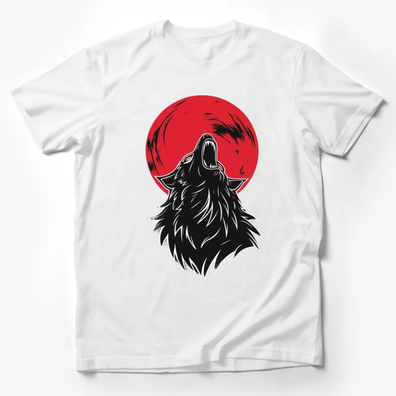 Men's Black T-Shirt with Red Moon and Howling Wolf Graphic, Unique Wildlife Print Male T-Shirt