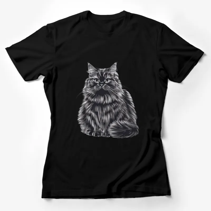 Fluffy Cat T-Shirt, Detailed Persian Cat Illustration, Unisex Adult Cat Lover Tee, Gift for Cat Owners Female T-Shirt