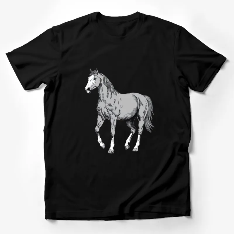 Majestic Horse Graphic T-Shirt, Black Tee with White Horse Illustration, Unisex Horse Art Shirt Male T-Shirt