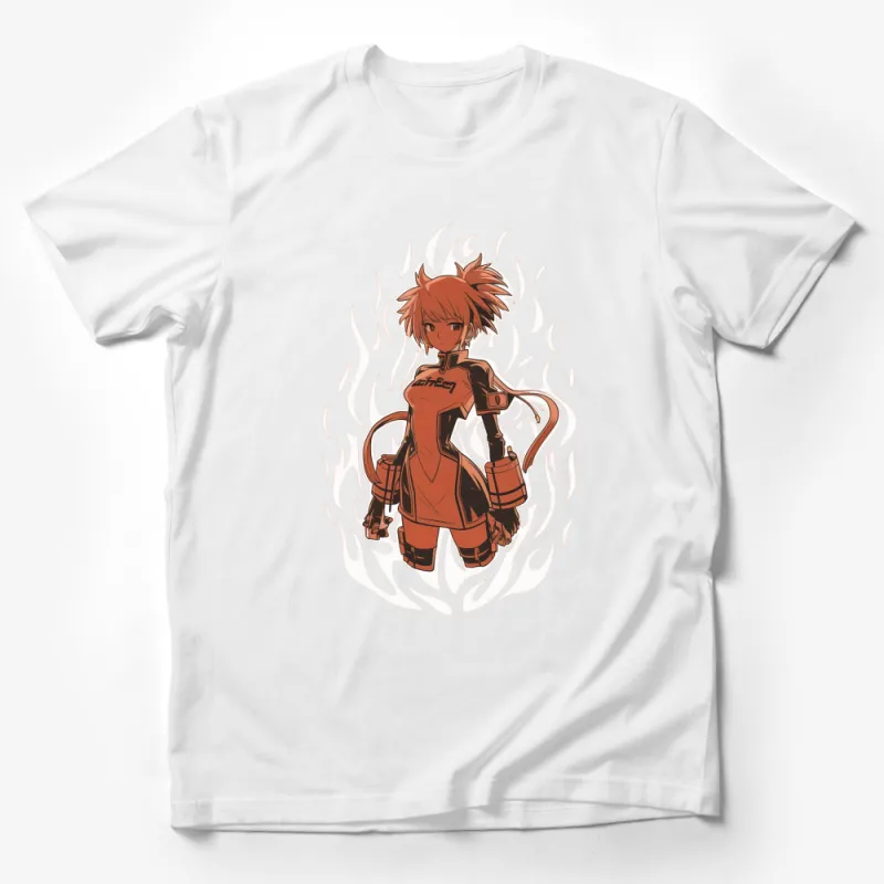 Anime Style Redhead Warrior Girl, Fire Background, Graphic Art T-Shirt, Unique Design Tee Male T-Shirt