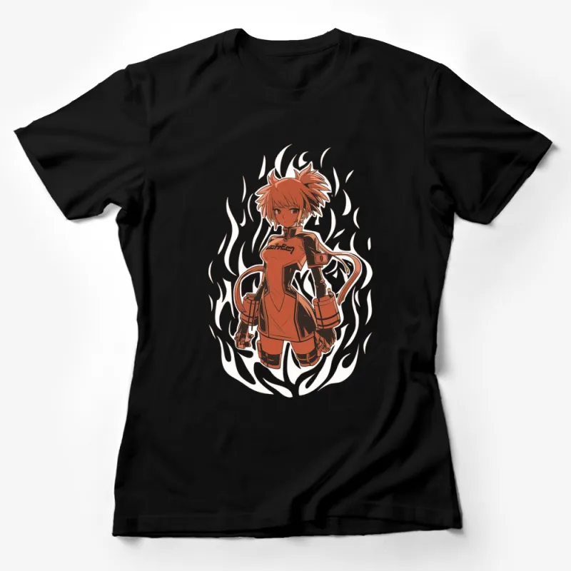 Anime Style Redhead Warrior Girl, Fire Background, Graphic Art T-Shirt, Unique Design Tee Female T-Shirt