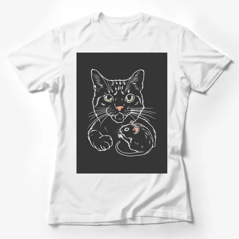 Black Cat and Mouse T-Shirt, Whimsical Animal Graphic Tee, Unisex Adult Clothing, Unique Illustration Shirt Design Female T-Shirt