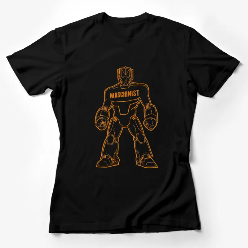 Maschinist Robot Orange Print T-Shirt, Exclusive Mech Warrior Design Tee, Unique Graphic Shirt for Tech Lovers Female T-Shirt