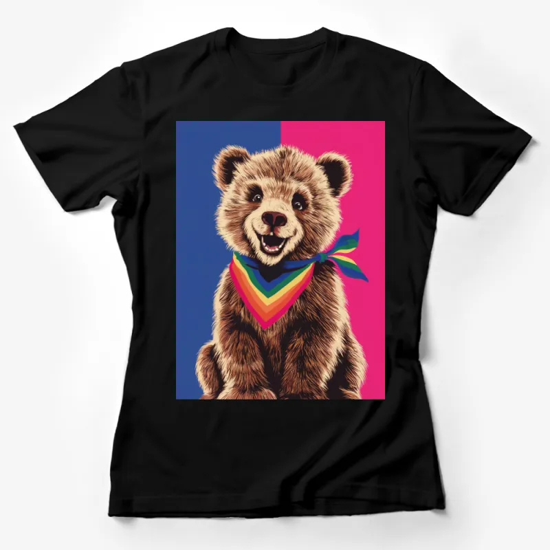 Colorful Bear Graphic T-Shirt, Cute Happy Bear with Rainbow Scarf, Vibrant Animal Tee Female T-Shirt