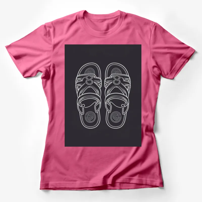 Women's White Line Art Sandals T-Shirt, Stylish Summer Footwear Graphic Tee, Casual Fashion Top Female T-Shirt