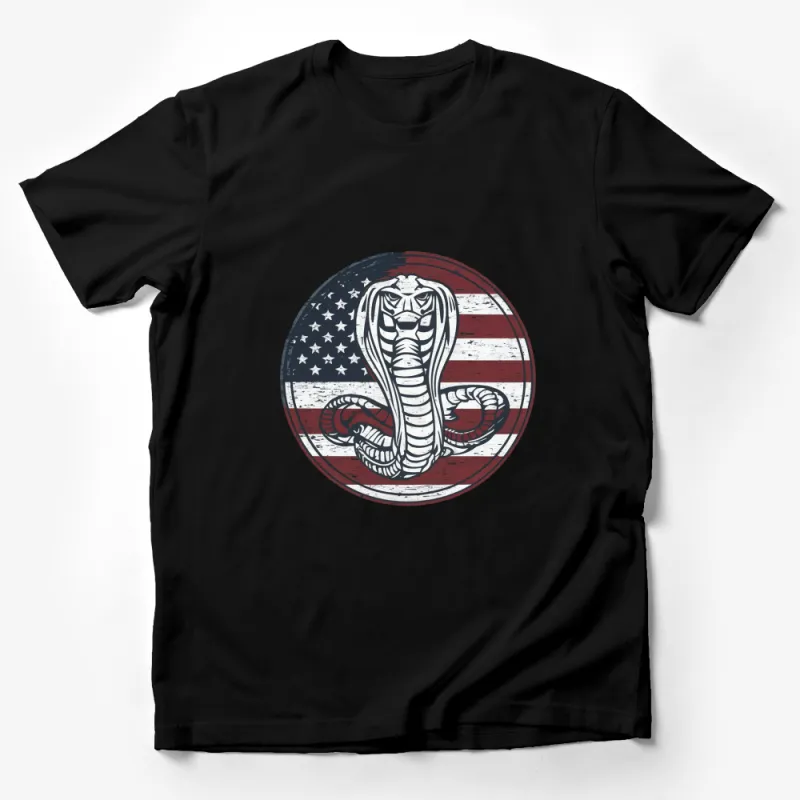 Patriotic Cobra T-Shirt, American Flag Snake Graphic Tee, Vintage Distressed Style Shirt, Unique Wildlife Apparel Male T-Shirt