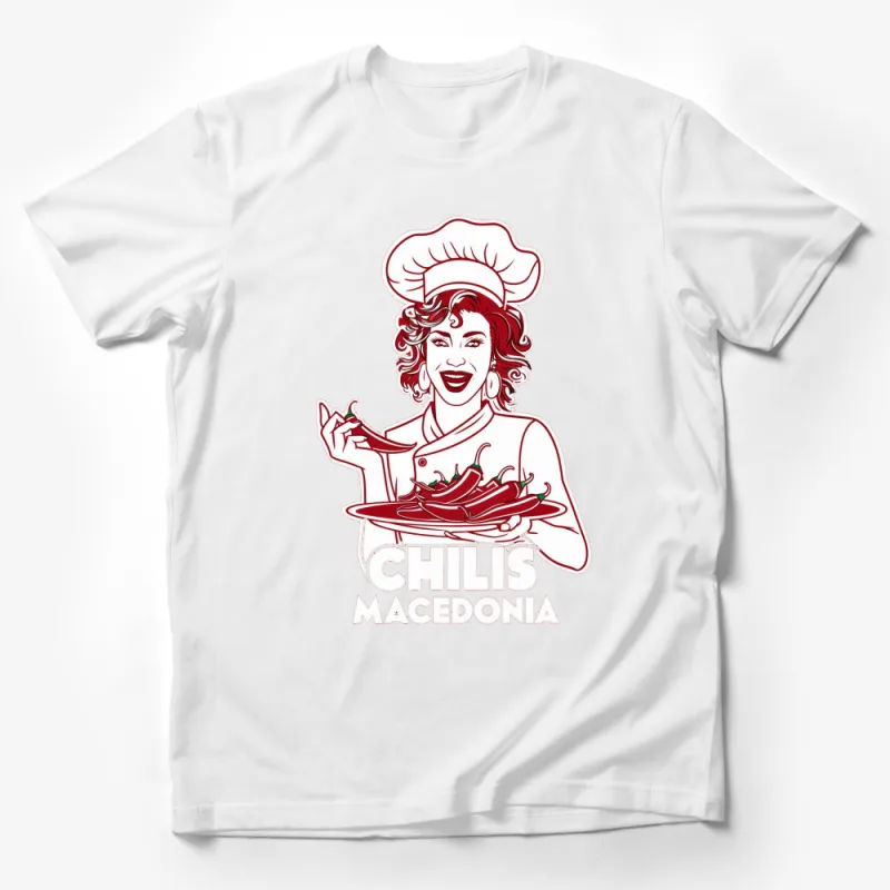 Retro Chef Lady T-Shirt, Chili Lovers, Vintage Cooking Tee, Macedonia Spicy Food Apparel Male T-Shirt