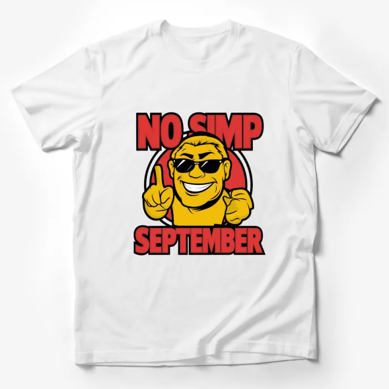 No Simp September T-Shirt, Bold Yellow Text, Smiling Cartoon Man Graphic Tee, Trendy Meme Shirt Male T-Shirt