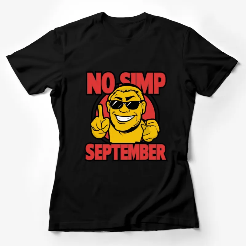 No Simp September T-Shirt, Bold Yellow Text, Smiling Cartoon Man Graphic Tee, Trendy Meme Shirt Female T-Shirt