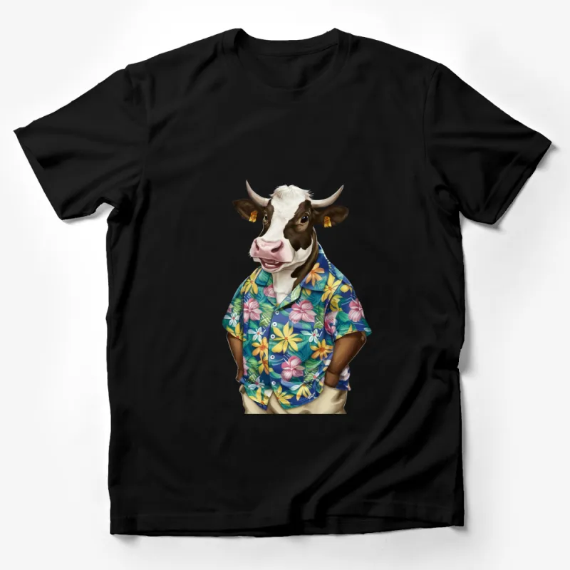 Funky Cow in Hawaiian Shirt, Unique Animal Graphic T-Shirt, Fun Summer Wear, Casual Cool Top Male T-Shirt