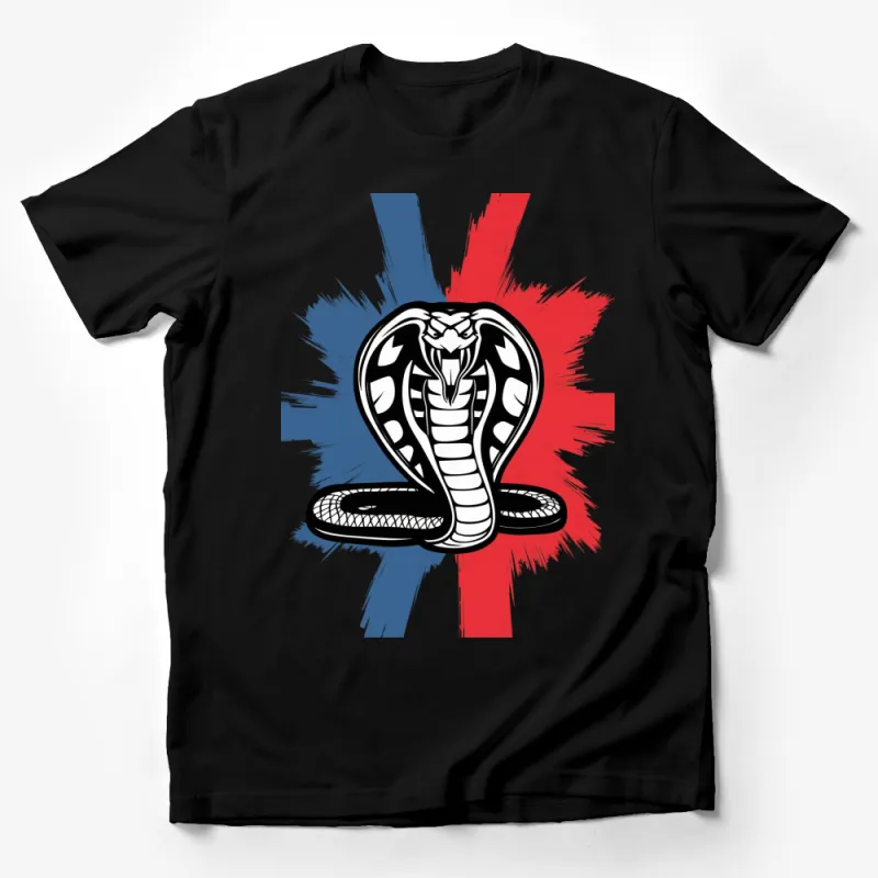 Striking Cobra Snake Graphic T-Shirt, Bold Red and Blue Union Jack Background, Unisex Tee Male T-Shirt