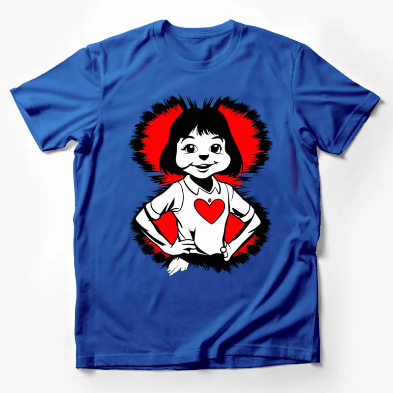 Retro Cartoon Girl T-Shirt, Bold Heart Design, Red and Black Tee, Unique Vintage Style, Gift for Her Male T-Shirt