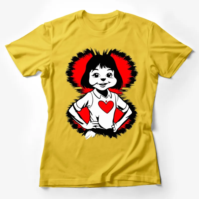 Retro Cartoon Girl T-Shirt, Bold Heart Design, Red and Black Tee, Unique Vintage Style, Gift for Her Female T-Shirt