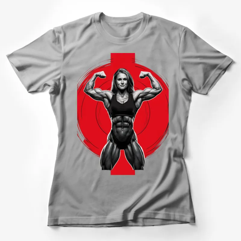 Women's Fitness T-Shirt, Muscular Female Bodybuilder Graphic, Red Background, Athletic Apparel Female T-Shirt