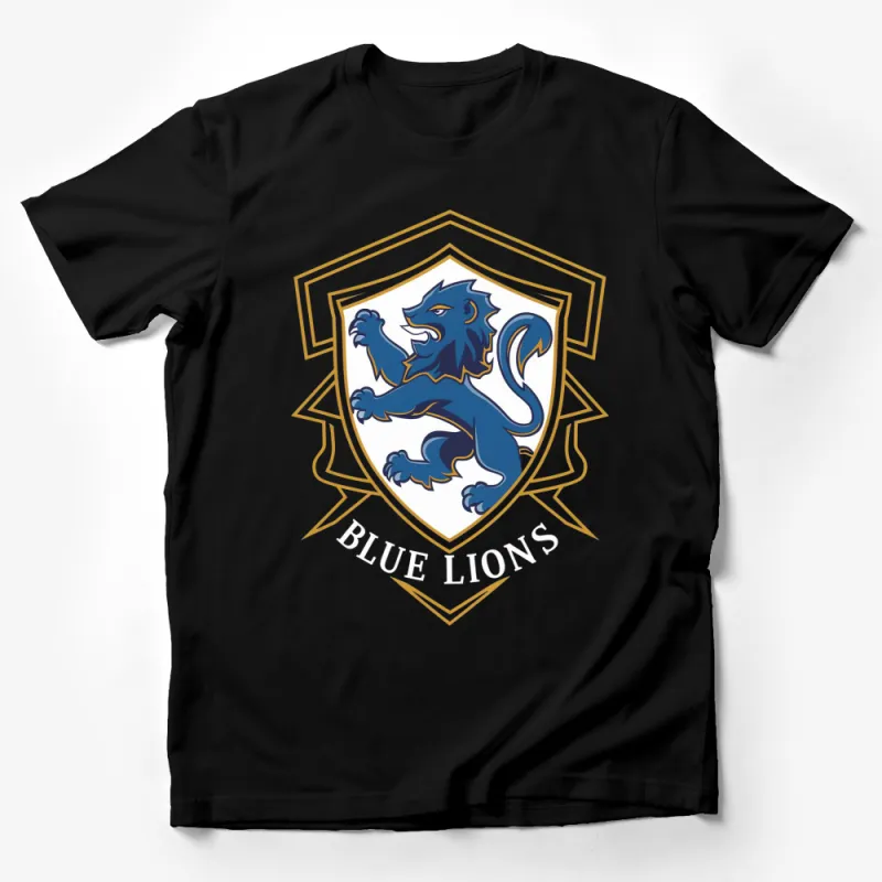 Blue Lions Crest Graphic T-Shirt, Vintage Style Lion Emblem Tee, Bold Athletic Wear, Unique Sports Fan Apparel Male T-Shirt