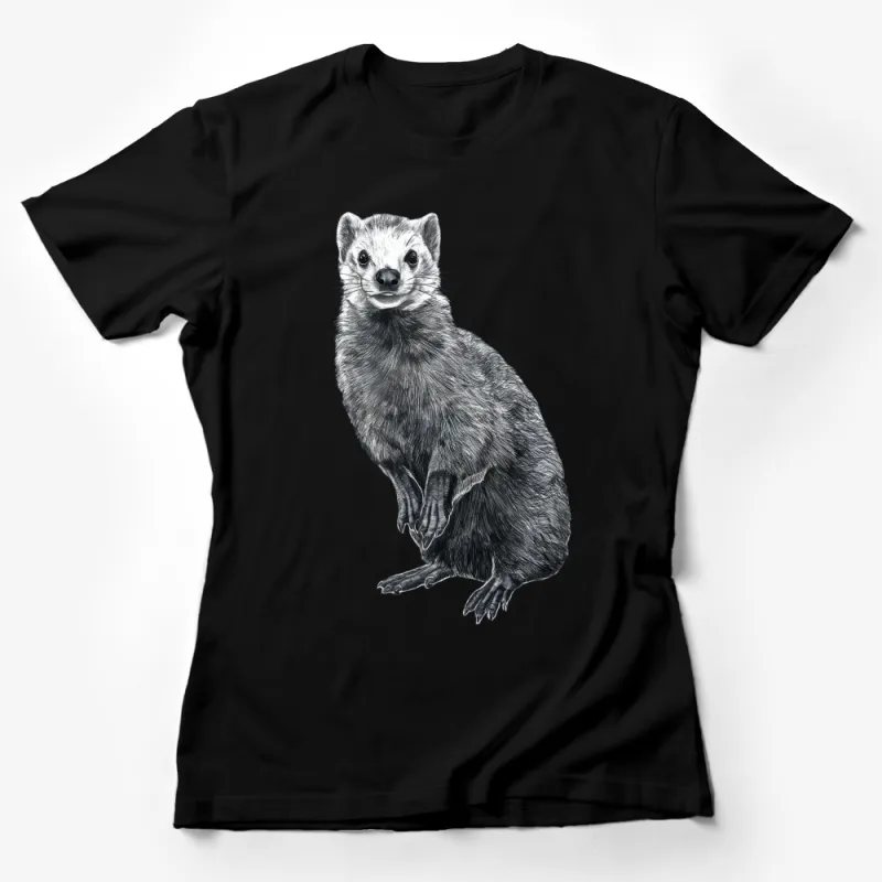 Hand-drawn Ferret Art T-Shirt, Nature Lover Graphic Tee, Unique Wildlife Animal Illustration, Casual Unisex Apparel Female T-Shirt