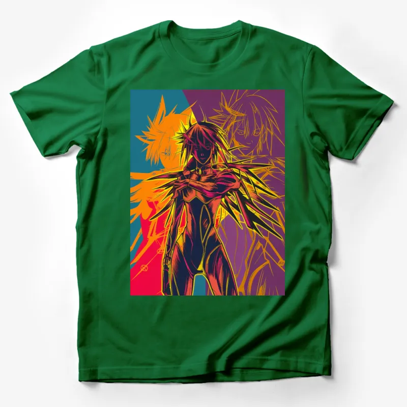 Colorful Anime Warrior T-Shirt, Futuristic Angel Design, Vibrant Graphic Tee, Unisex Male T-Shirt