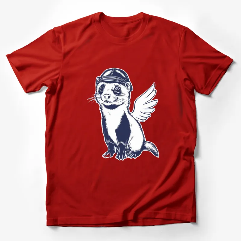 Winged Ferret in Hat Graphic T-Shirt, Unique Animal Illustration Tee, Fun Quirky Clothing Male T-Shirt