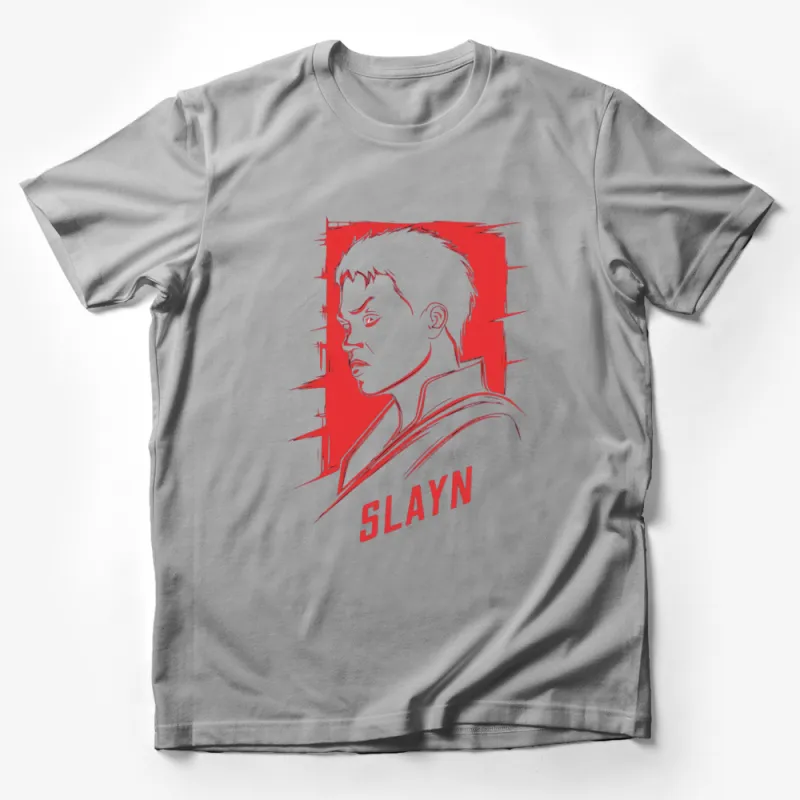 Red and White Graphic T-Shirt Featuring Bold SLAYN Text and Character Illustration Male T-Shirt