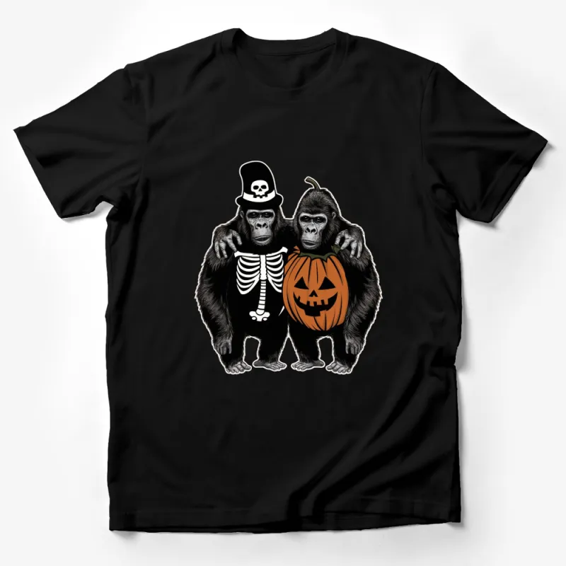 Halloween Gorilla Duo T-Shirt, Skeleton and Pumpkin Costume Tee, Spooky Animal Graphic Shirt, Fun October Apparel Male T-Shirt