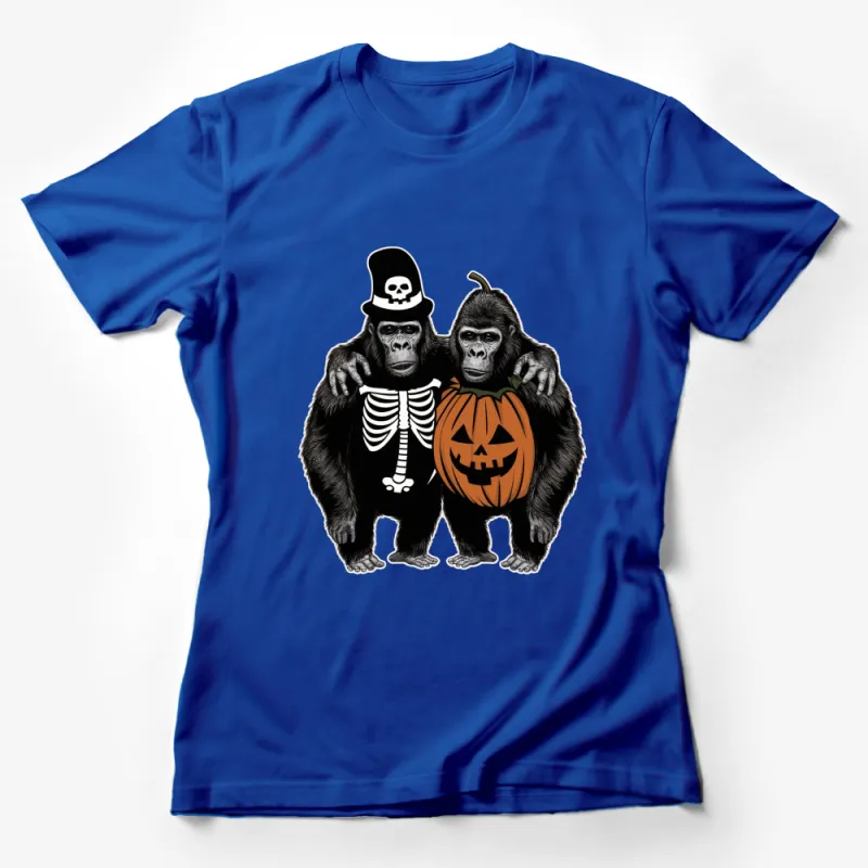 Halloween Gorilla Duo T-Shirt, Skeleton and Pumpkin Costume Tee, Spooky Animal Graphic Shirt, Fun October Apparel Female T-Shirt