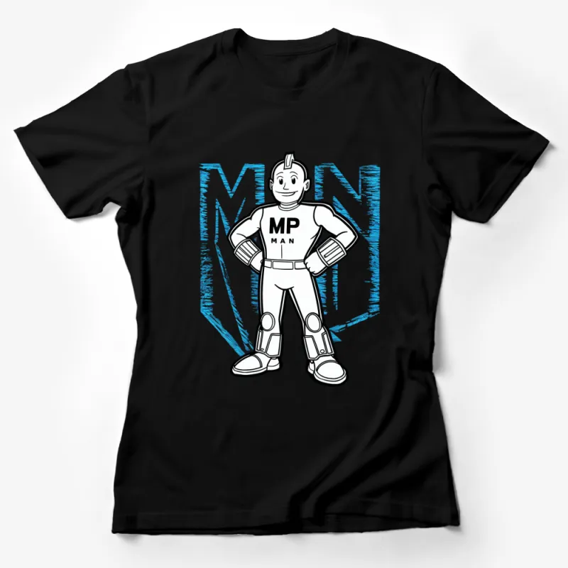 Superhero Graphic T-Shirt, Unique Robot Hero Design, Cool Blue and White Vintage Style Tee, MP Man Shirt Female T-Shirt