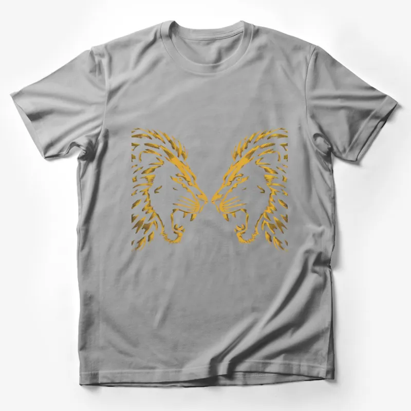 Gold Lion Print T-Shirt, Symmetrical Lion Head Design, Unisex Graphic Tee, Artistic Animal Illustration Male T-Shirt