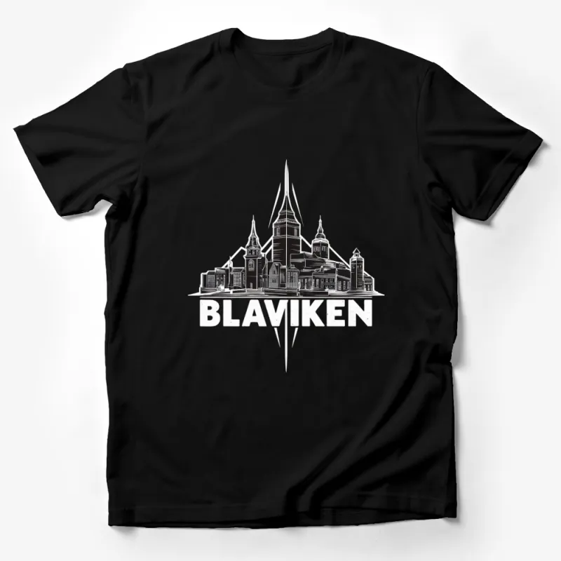 Blaviken Cityscape Graphic T-Shirt, Monochrome Urban Skyline Tee, Unique City Illustration Top, Stylish Urban Wear Male T-Shirt