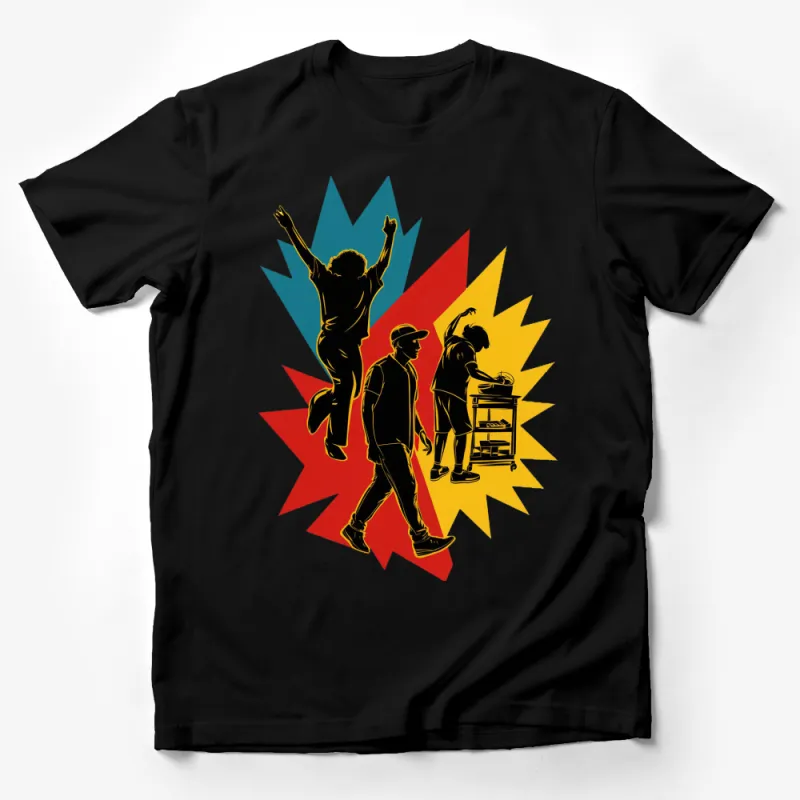 Youthful Energy Graphic T-Shirt, Colorful Silhouette Design, Urban Style Tee, Vibrant Streetwear Male T-Shirt