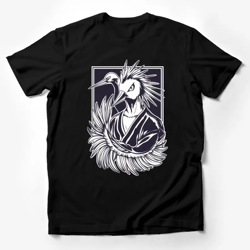 Striking Black and White Heron Bird Graphic T-Shirt, Nature Inspired Artistic Apparel, Unisex Fashion Male T-Shirt