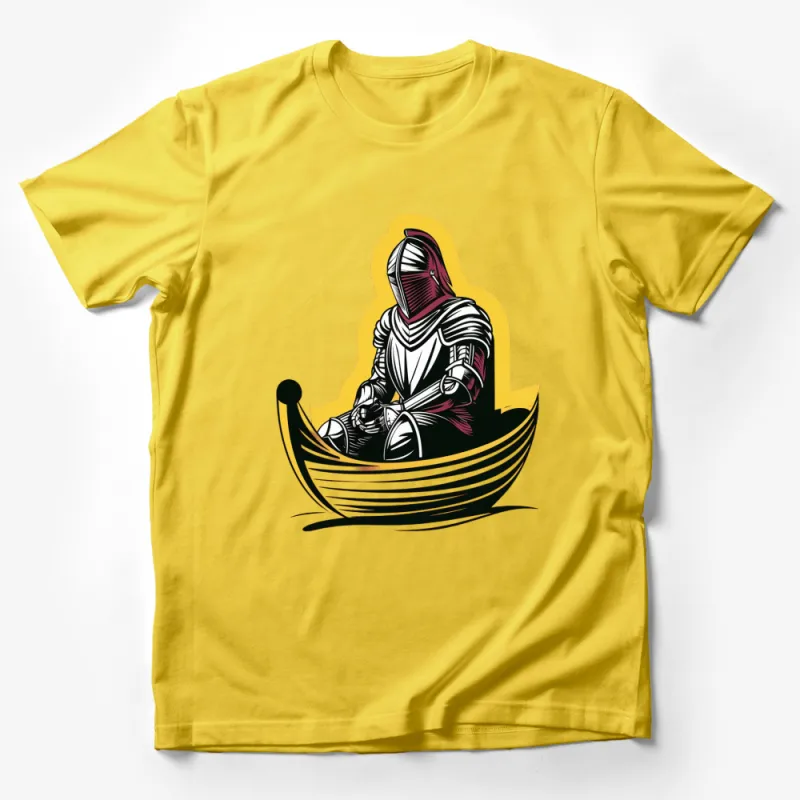 Knight in Armor Rowing Boat Graphic T-Shirt, Medieval Fantasy Warrior Tee Male T-Shirt