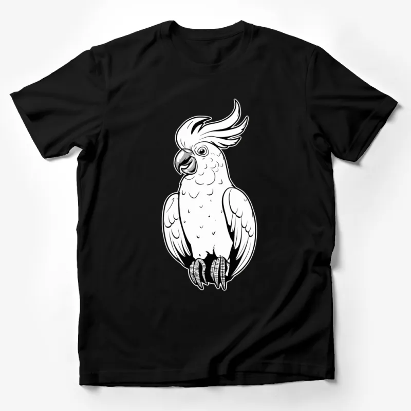 Stylish White Cockatoo Bird Illustration T-Shirt, Unique Parrot Lover Gift Tee, Black Male T-Shirt