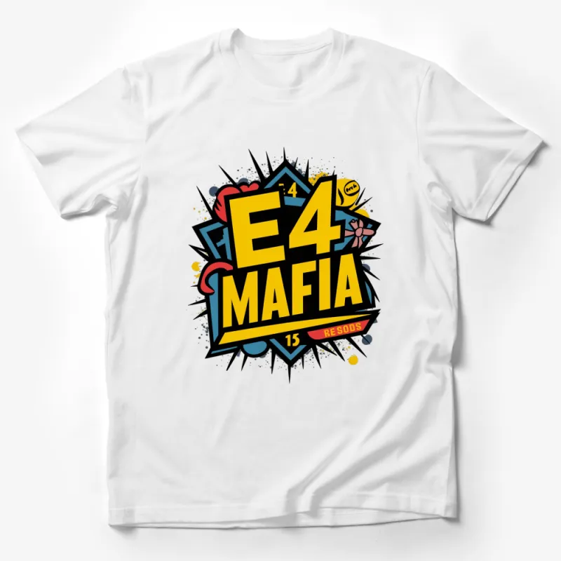 E4 Mafia Graphic T-Shirt, Bold Comic Style, Vibrant Pop Art Design Tee Male T-Shirt