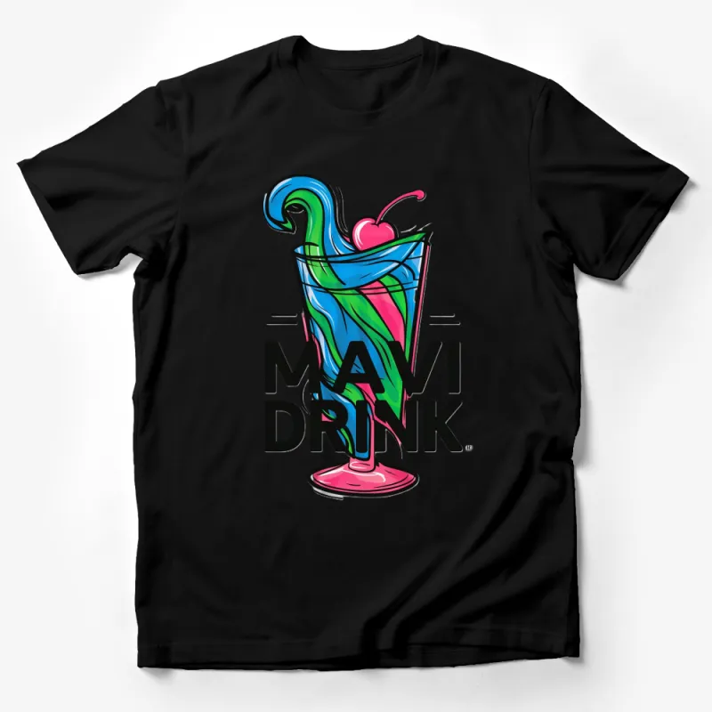 Colorful Mavi Drink Graphic T-Shirt, Fun Beach Party Tee, Vibrant Cherry Top Male T-Shirt