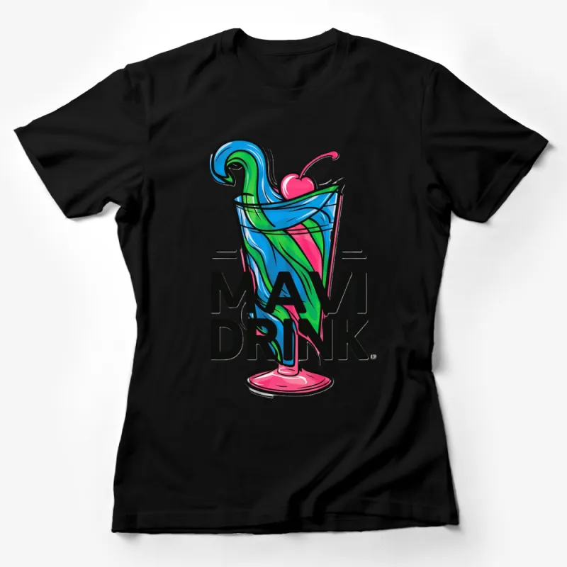 Colorful Mavi Drink Graphic T-Shirt, Fun Beach Party Tee, Vibrant Cherry Top Female T-Shirt