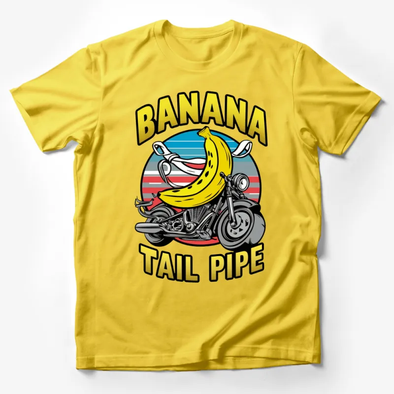 Funky Banana Tail Pipe Motorcycle Graphic T-Shirt, Bold Colorful Stripes and Text Design Male T-Shirt