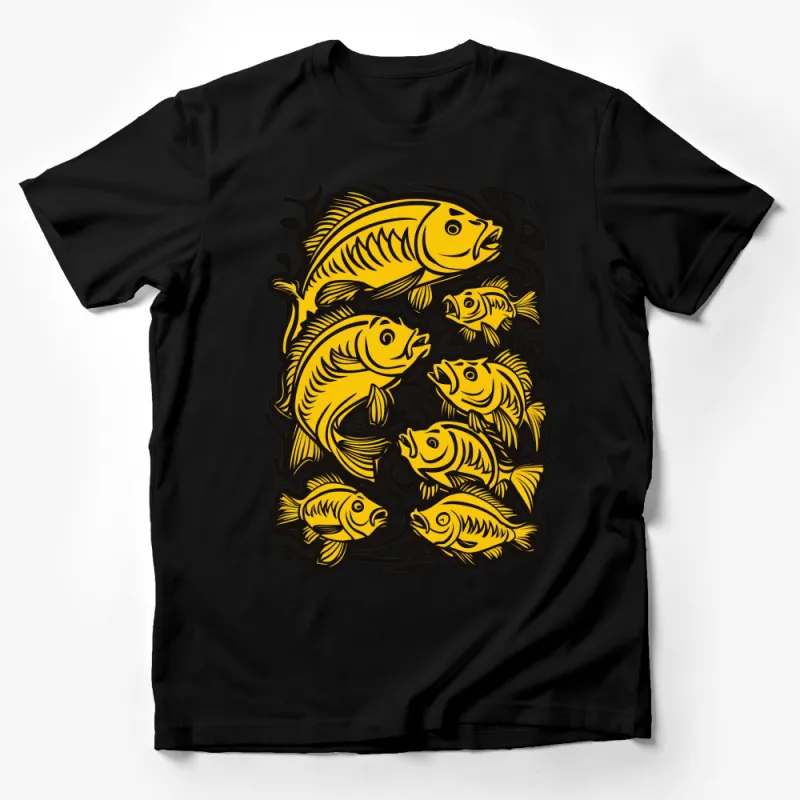 Bold Fish Pattern T-Shirt, Black and Yellow Intricate Fish Design, Unisex Fish Art Tee Male T-Shirt