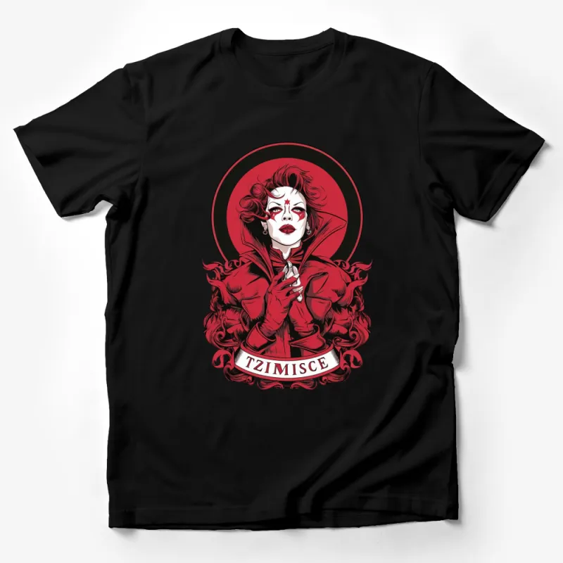 Gothic Vampire Lady T-Shirt, Red and Black Dark Fantasy Art Tee, Unique Horror Graphic T-Shirt Design Male T-Shirt