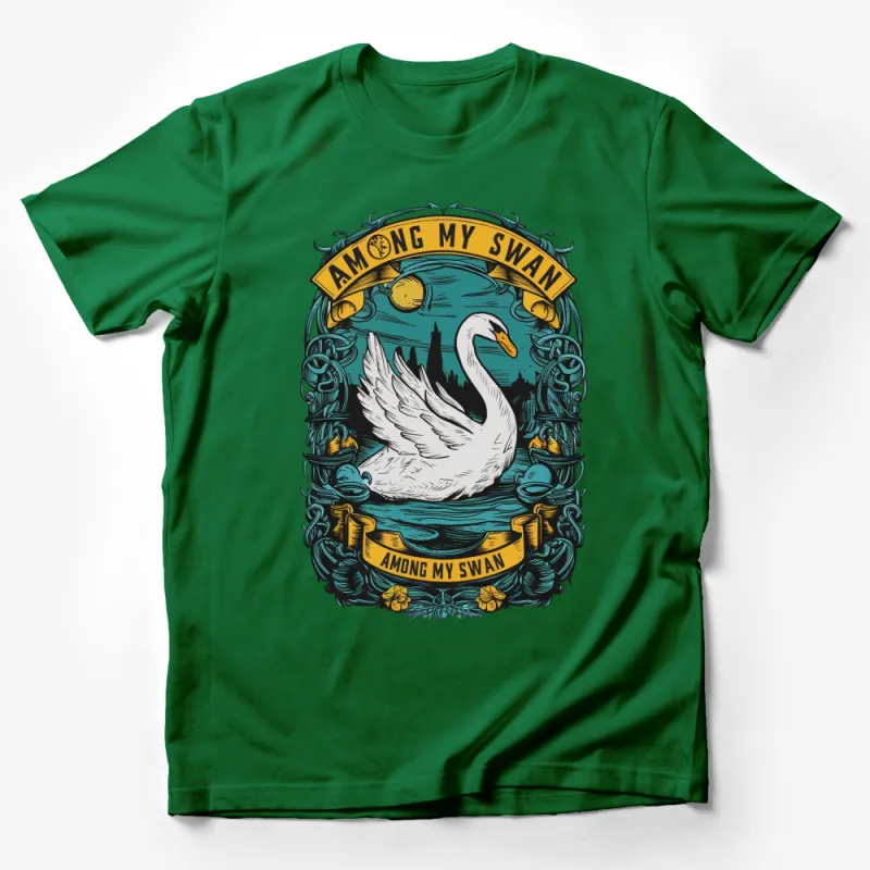 Vintage Swan Lake Graphic T-Shirt, Retro Style Swan with Cityscape, Artistic Casual Wear Male T-Shirt