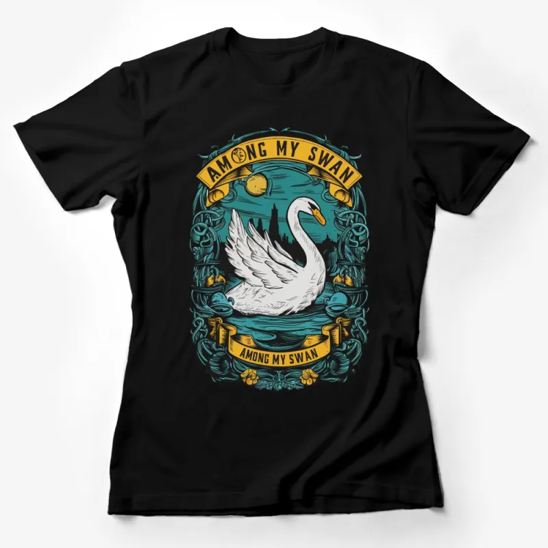 Vintage Swan Lake Graphic T-Shirt, Retro Style Swan with Cityscape, Artistic Casual Wear Female T-Shirt