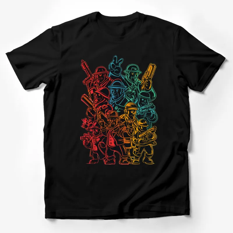 Colorful Soldier Characters T-Shirt, Military Vector Art, Unique Graphic Tee, Bold Fashion Male T-Shirt