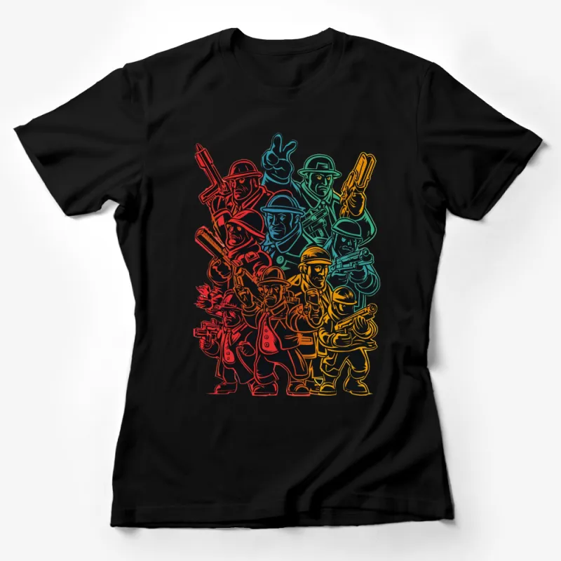 Colorful Soldier Characters T-Shirt, Military Vector Art, Unique Graphic Tee, Bold Fashion Female T-Shirt