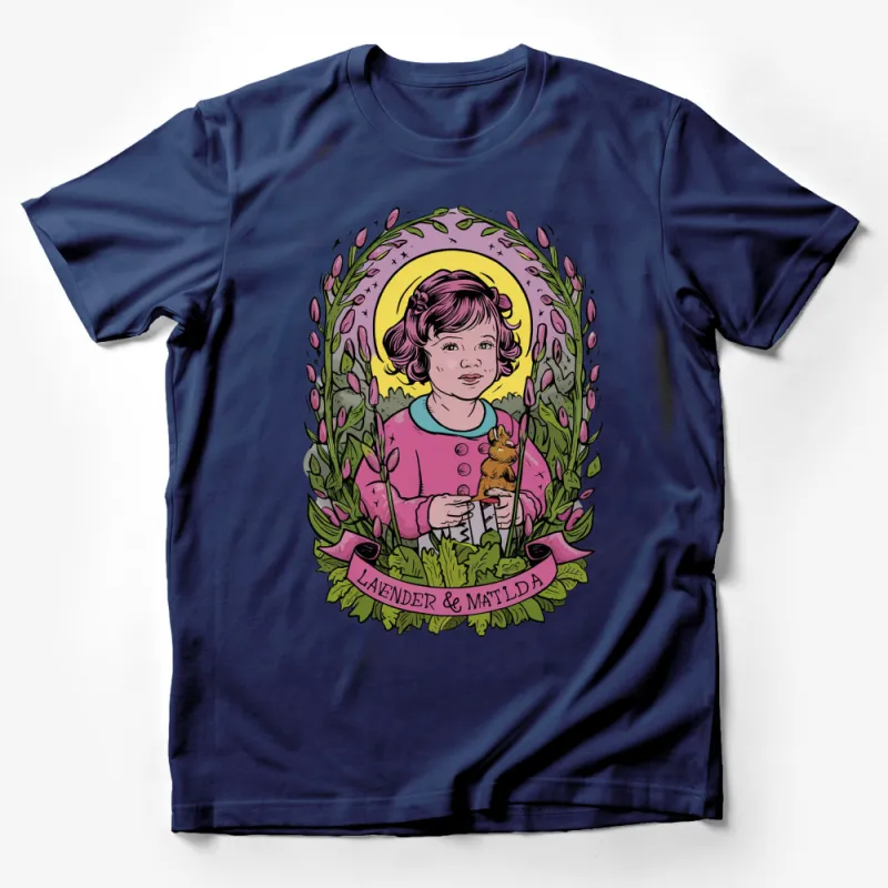 Vintage-Inspired Children's Art T-Shirt, Lavender and Matilda Design, Floral Frame with Pink Tones Male T-Shirt