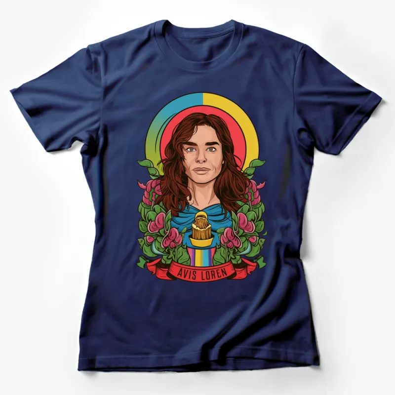 Avis Loren Vintage Portrait T-Shirt, Colorful Rainbow Floral Graphic Tee, Unique Artistic Women's Clothing Female T-Shirt